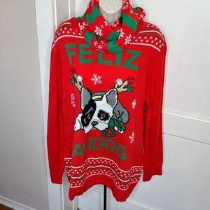 Self Esteem Ugly Cristmas "Feliz Navidog" Sweater Frenchie Bull Dog  & Scarf Plu
